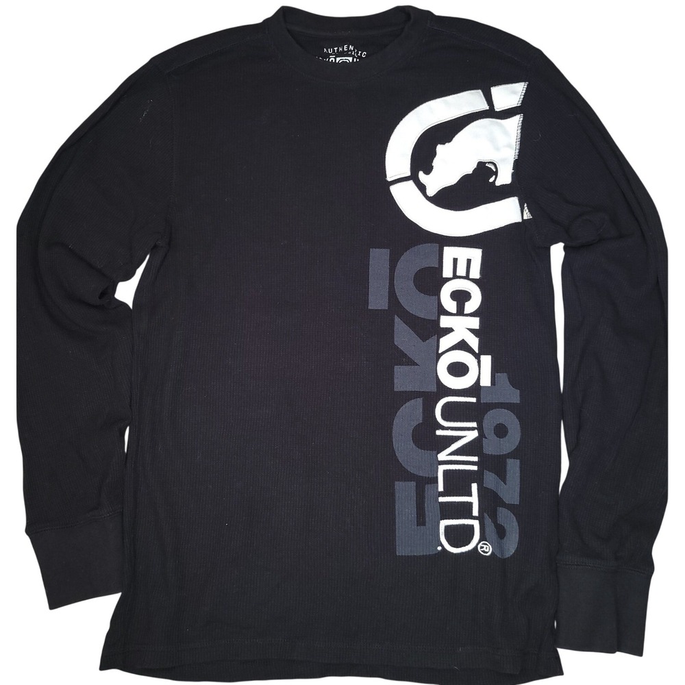 Ecko Unltd Thermal Shirt Mens M Black Long Sleeve‎ Graphic Rhino Y2K Streetwear